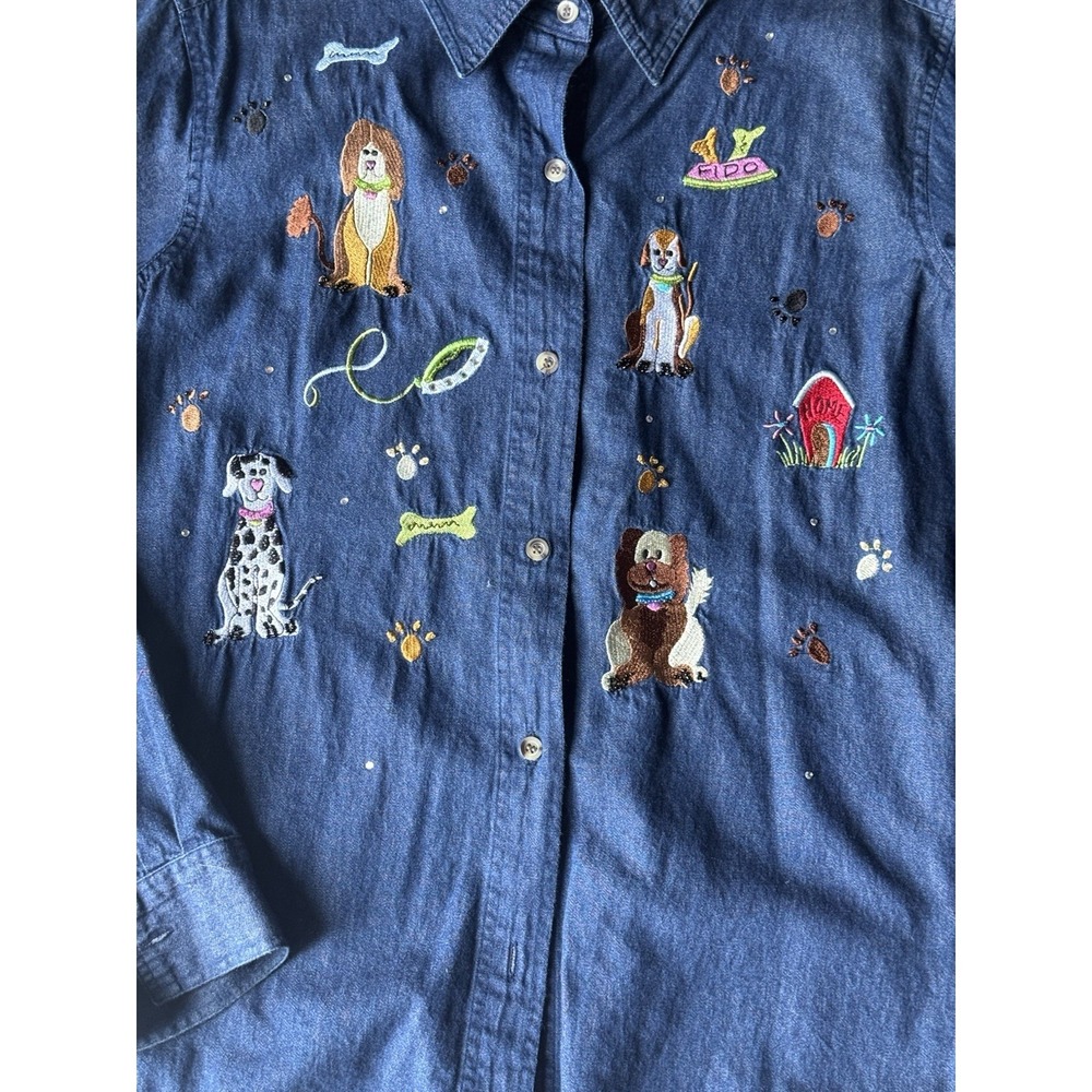 VTG Denim Button Down Dog Lover Puppies Embroidered Twee Cottagecore Whimsical - Picture 5 of 5